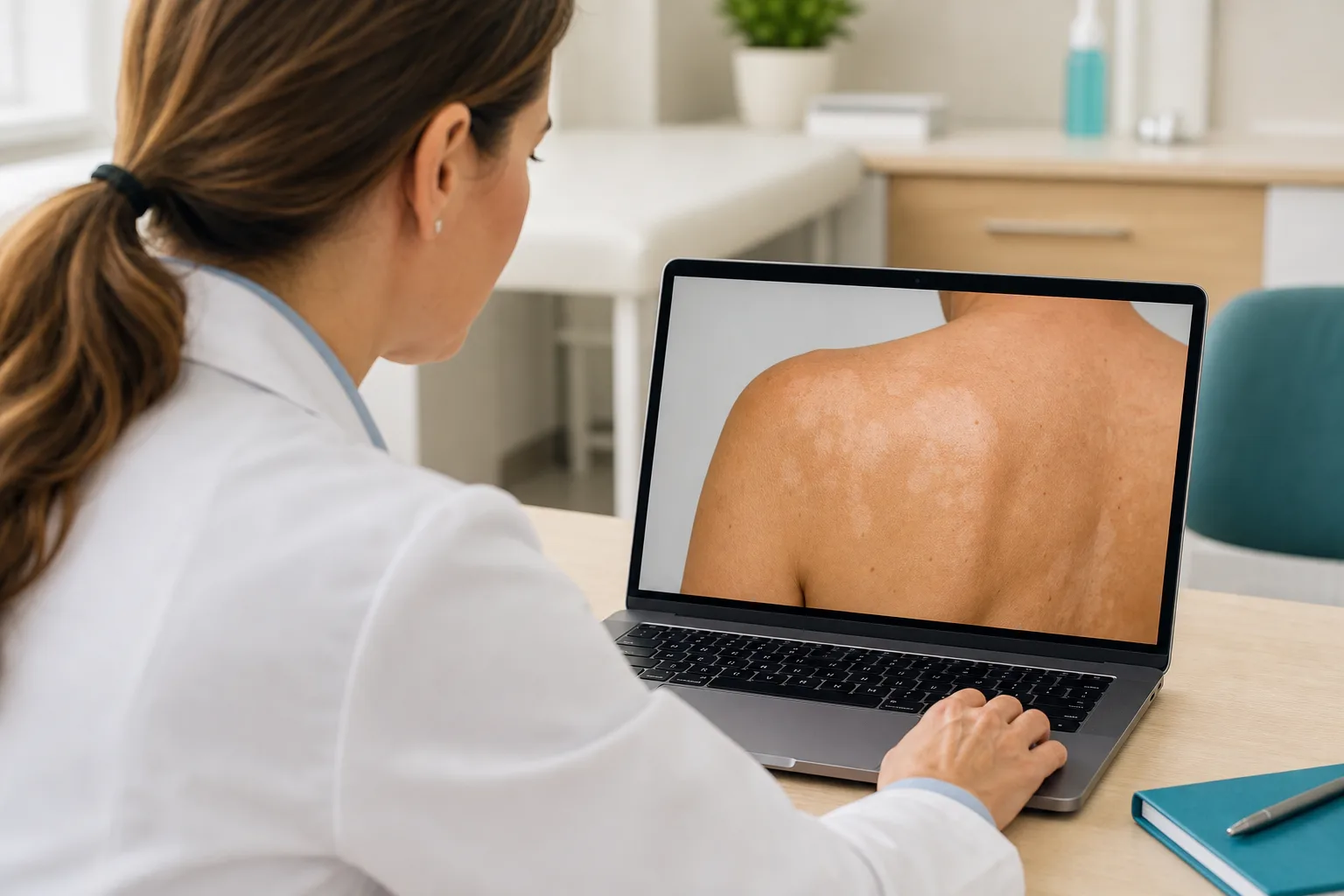 Dermatologist remotely assessing a tinea versicolor case